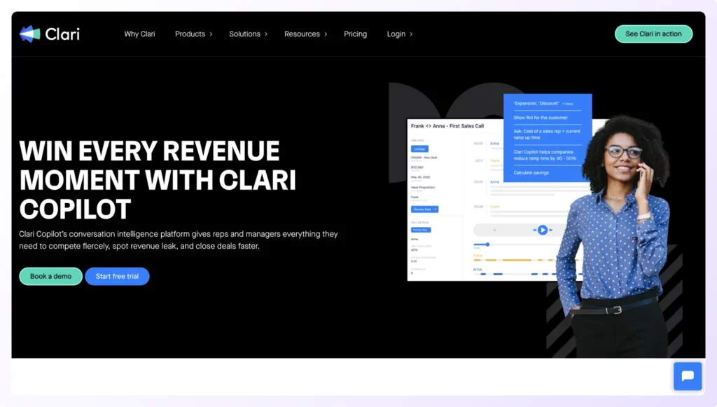 landing page of Clari Copilot sales call analytics software