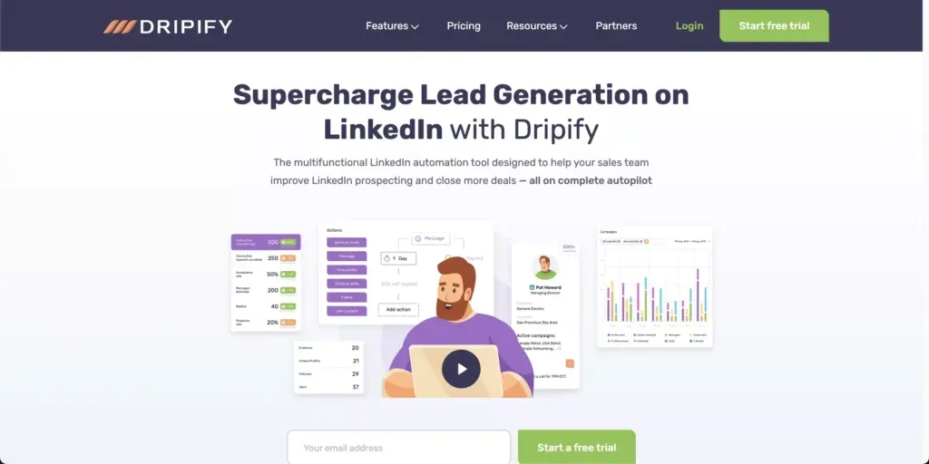 A screenshot of the LinkedIn automation tool, Dripify's landing page.
