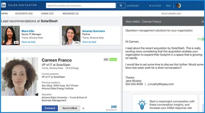 linkedIn inmail messages for sales prospecting