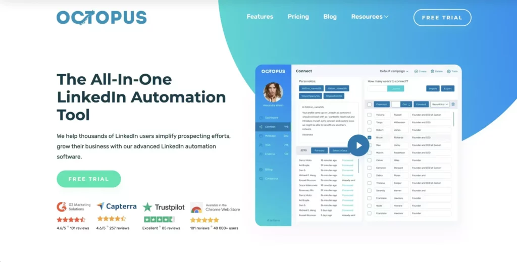 A screenshot of LinkedIn automation tool, Octopus' landing page.
