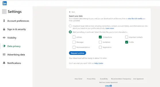 options for exporting the data