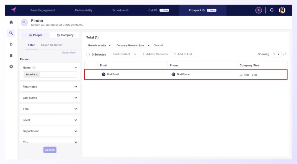 using options in ProspectIQ to reveal their email addresses