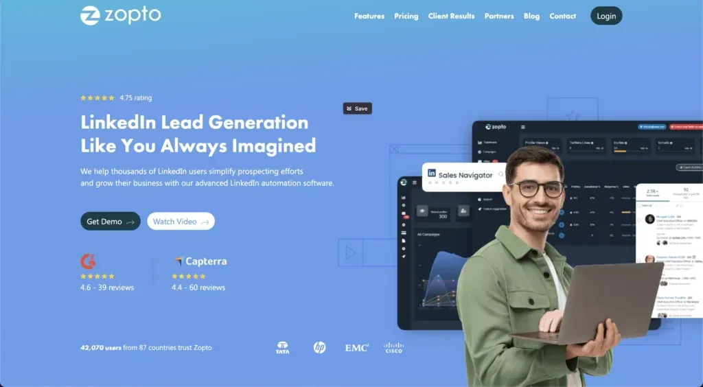A screenshot of the LinkedIn automation tool, Zopto's landing page.